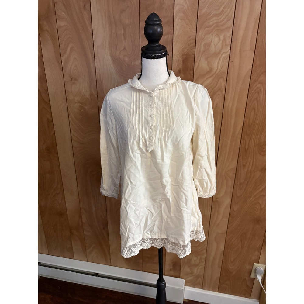 Earth Music & Ecology Cream Cotton Lace Trim Tunic Blouse Cottagecore Top Size M
